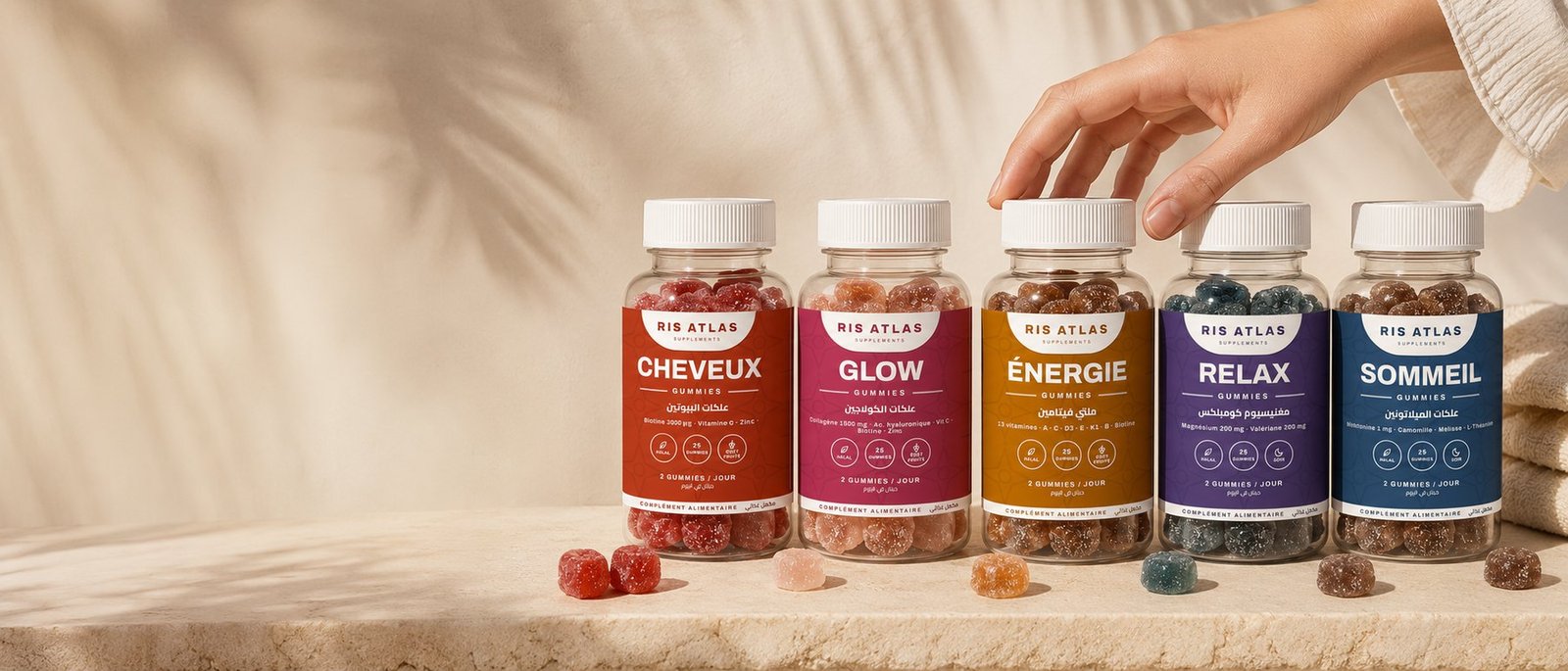 Les 5 gummies Ris Atlas : Cheveux, Glow, Énergie, Relax, Sommeil